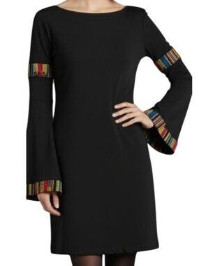 Abi Ferrin ROSALIE Women's Bodycon Black Dress Bell Sleeves Boho Trim Size XS